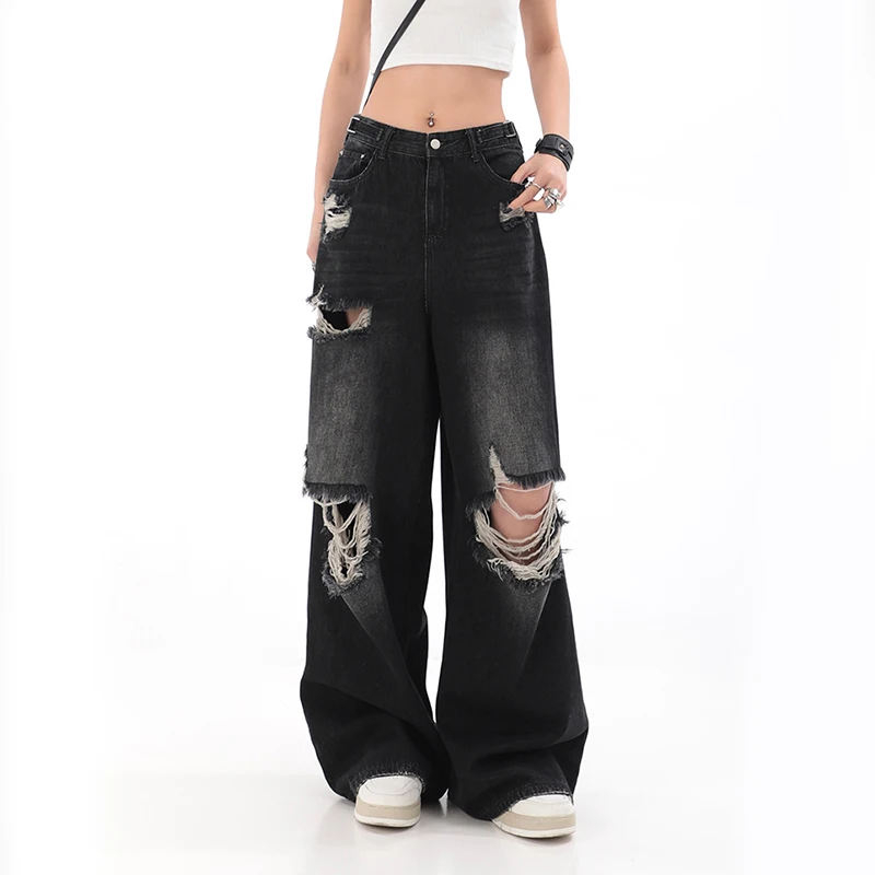 

Gidyq Women High Waist Jeans Vintage Female Ripped Streetwear Wide Leg Pants American Style Casual Straight Denim Trousers