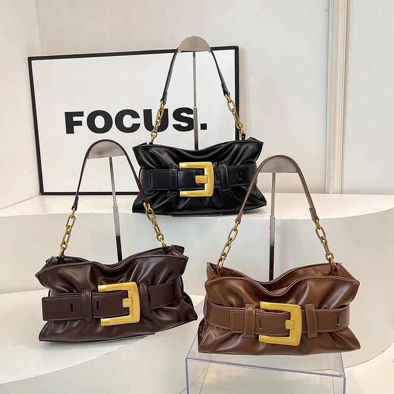 

Women's Pleated Texture Large Capacity Tote Bag - Stylish Oriental Retro Chain Underarm & Single Shoulder Bag