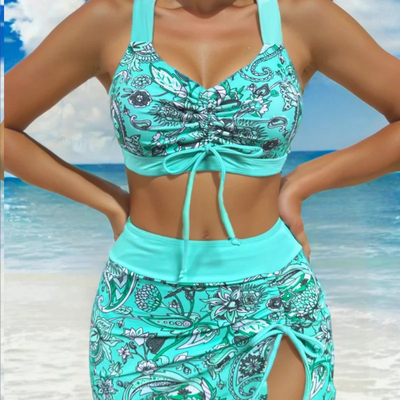 

New Printed Drawstring High Waist Two-Piece Bikini Plus Size Three-Piece Swimsuit for Women