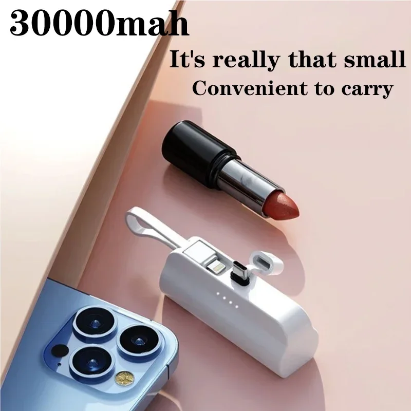 Mini power bank 30000mAh built-in cable power bank plug and play external battery portable charge