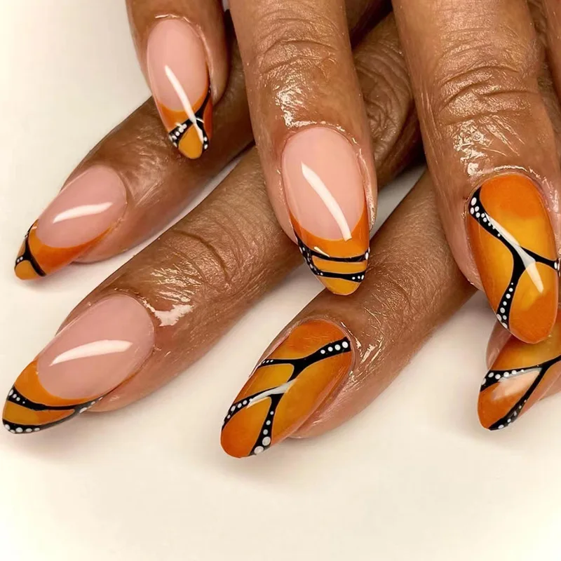

24pcs Halloween Ombre Press-On Nails - Pumpkin Orange & Black Color Block Medium Almond Shape (Multi Sizes)