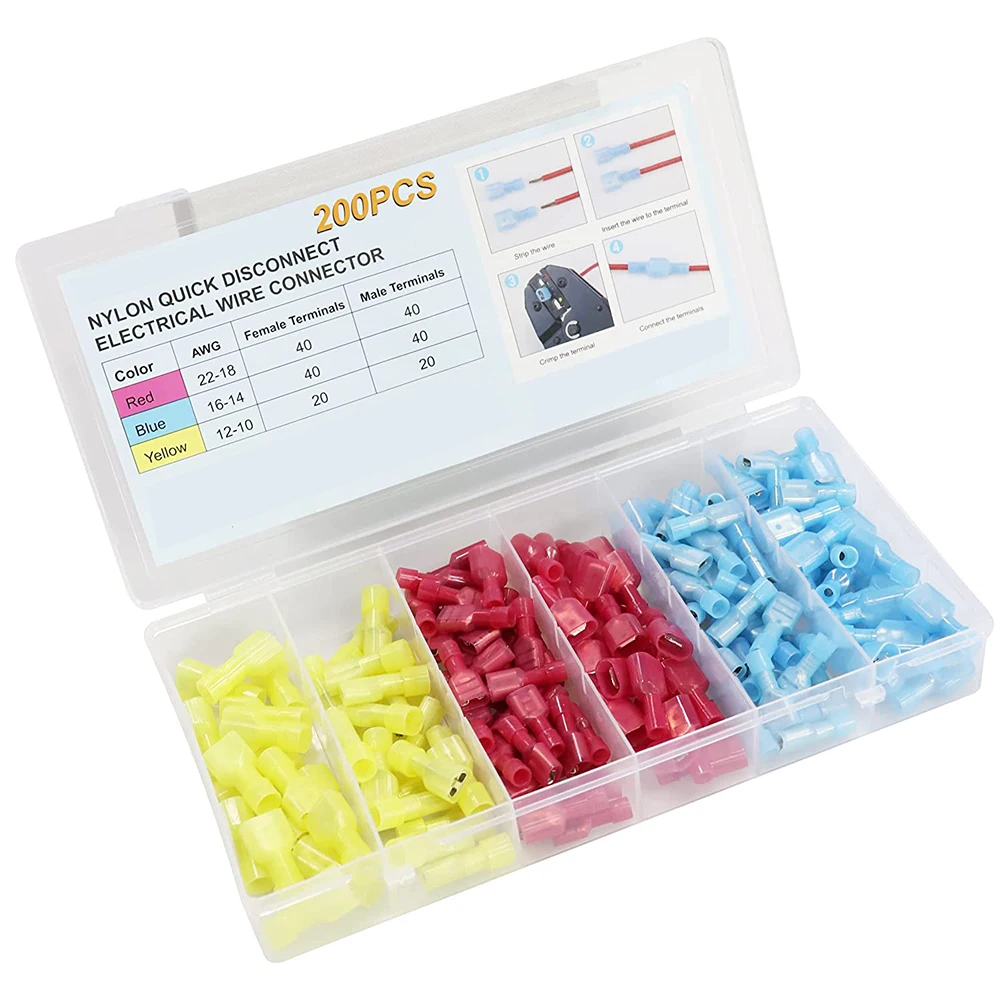 200 pieces of nylon quick disconnect connectors, electrically insulated terminals, male and female wire crimping terminal kits