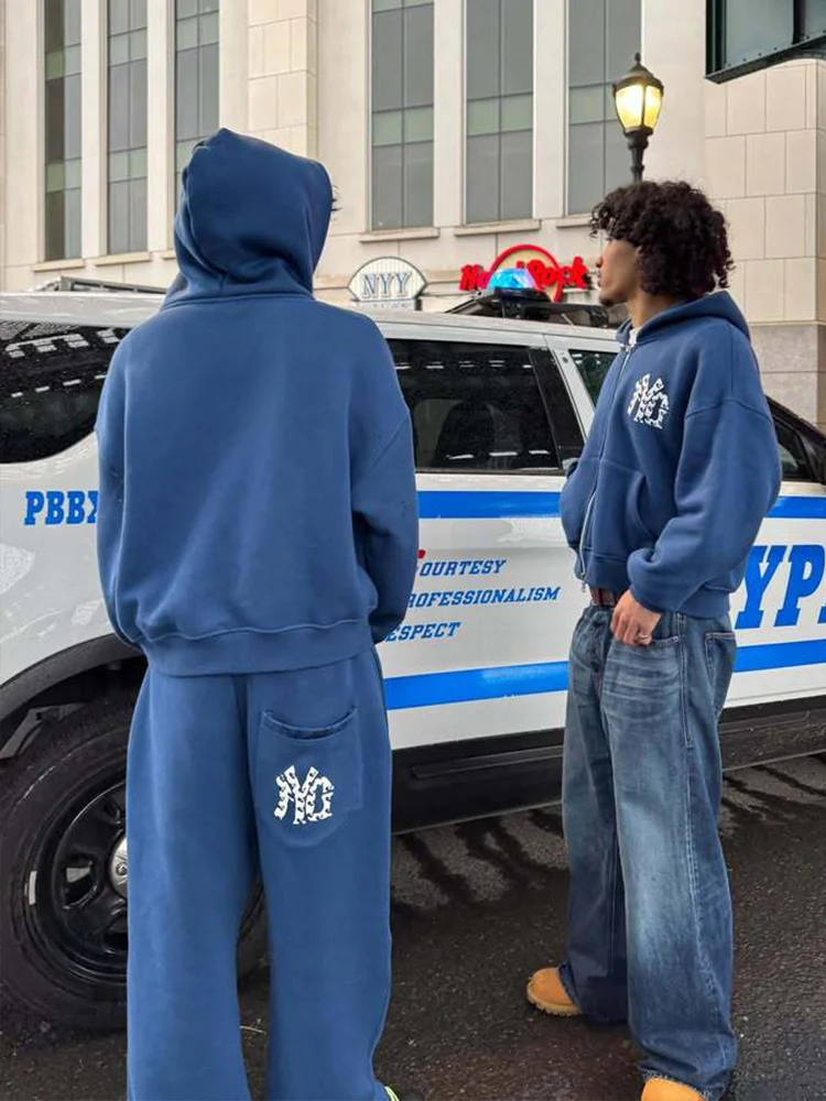 Hip-hop traje de viento de calle americana con cremallera suéter con capucha Pantalones rectos tendencia personalidad calle alta 2025 traje de otoño e invierno