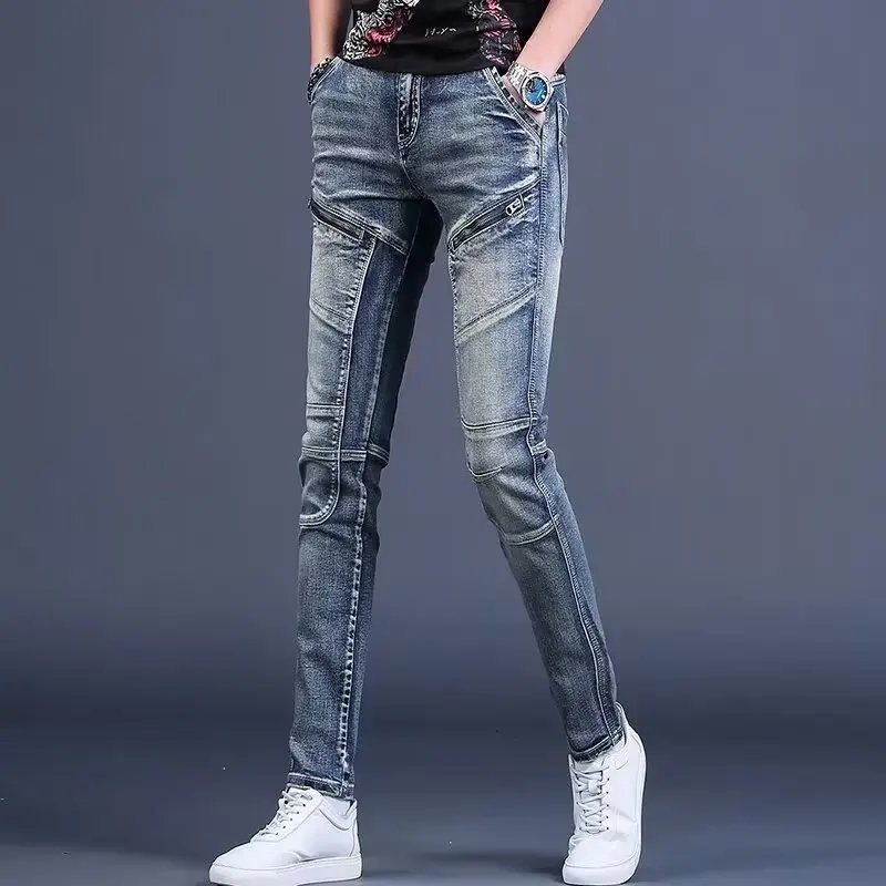 High-End Men's Slim Fit Jeans Casual Style Patchwork Zipper Cotton Stretch Fabric mid Waist Long Pants Trendy Retro Style