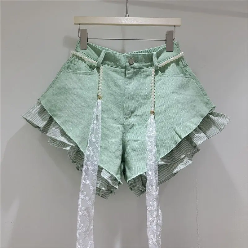 2026 Summer New Candy-colored Denim Plaid Shorts for Women High-waisted Loose Design with A Belt Booty Shorts