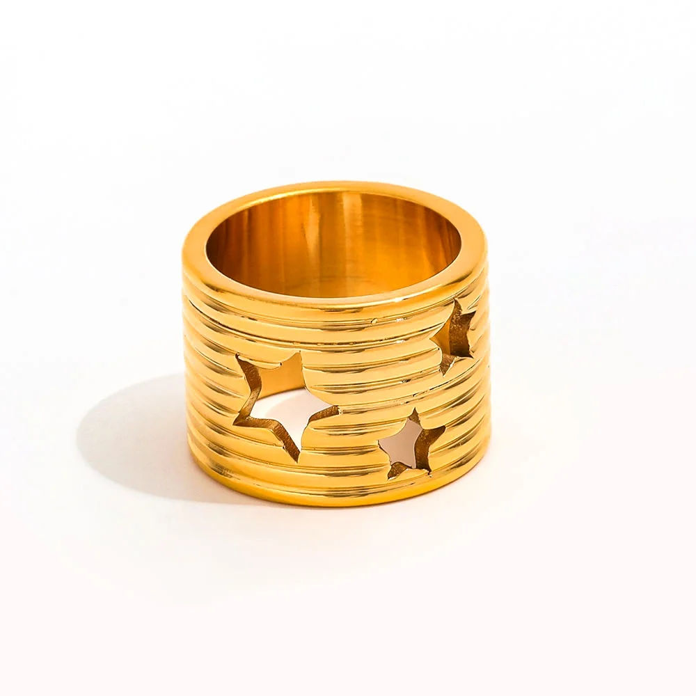 

Joolim Jewelry Wholesale High End PVD No Fade Fashion Wide Chunky Hollow Pentastar Band Stainless Steel Ring Trend For Women