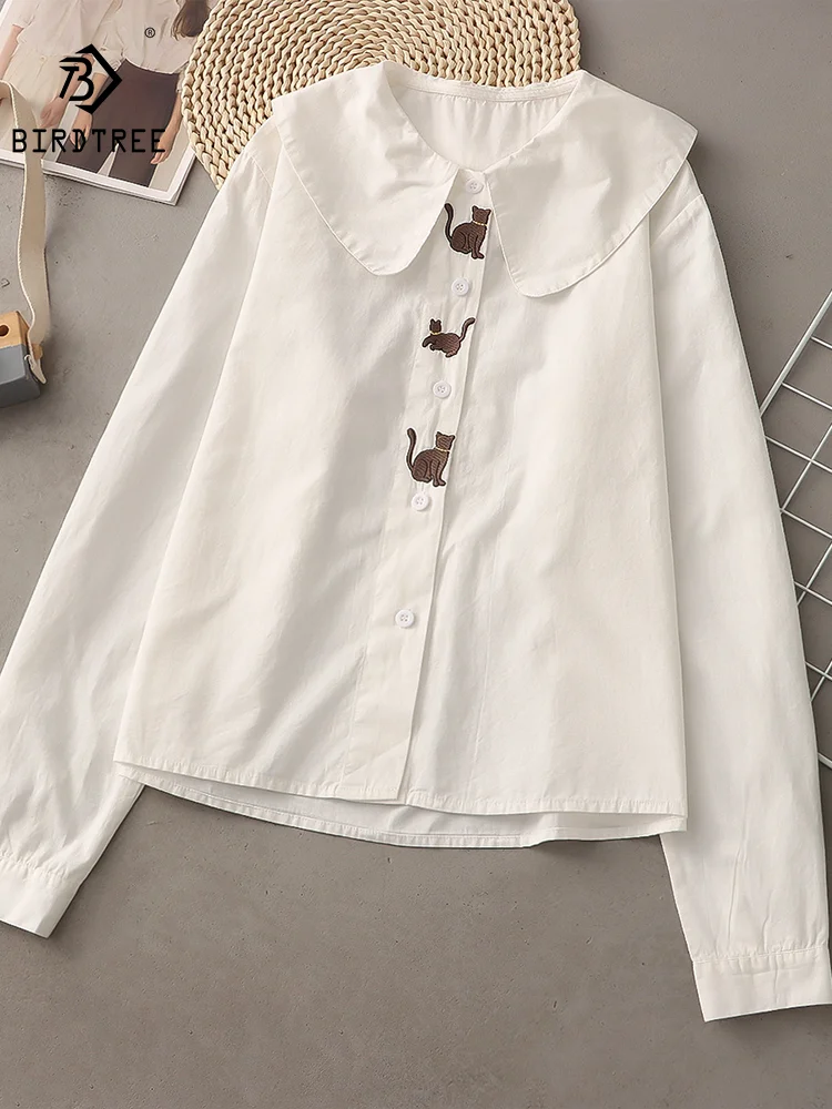 Spring New Women Cotton White Shirts Long Sleeve Peter Pan Collar Cat Embroidery Casual Blouse Autumn Office Ladies Tops T32612Z