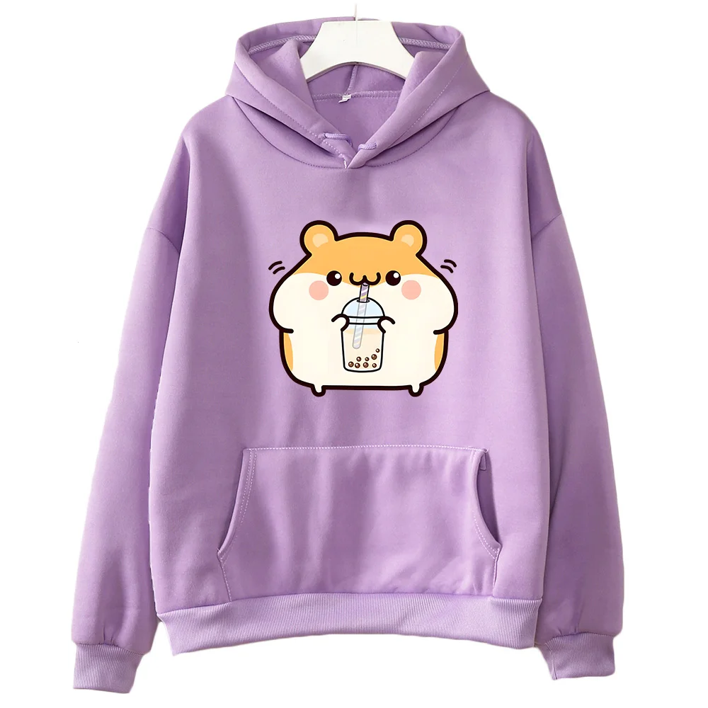 Boba Tea Hamster Felpa carina Felpa con cappuccio grafica cartoon femminile Tuta casual con cappuccio Abbigliamento invernale da donna pullover