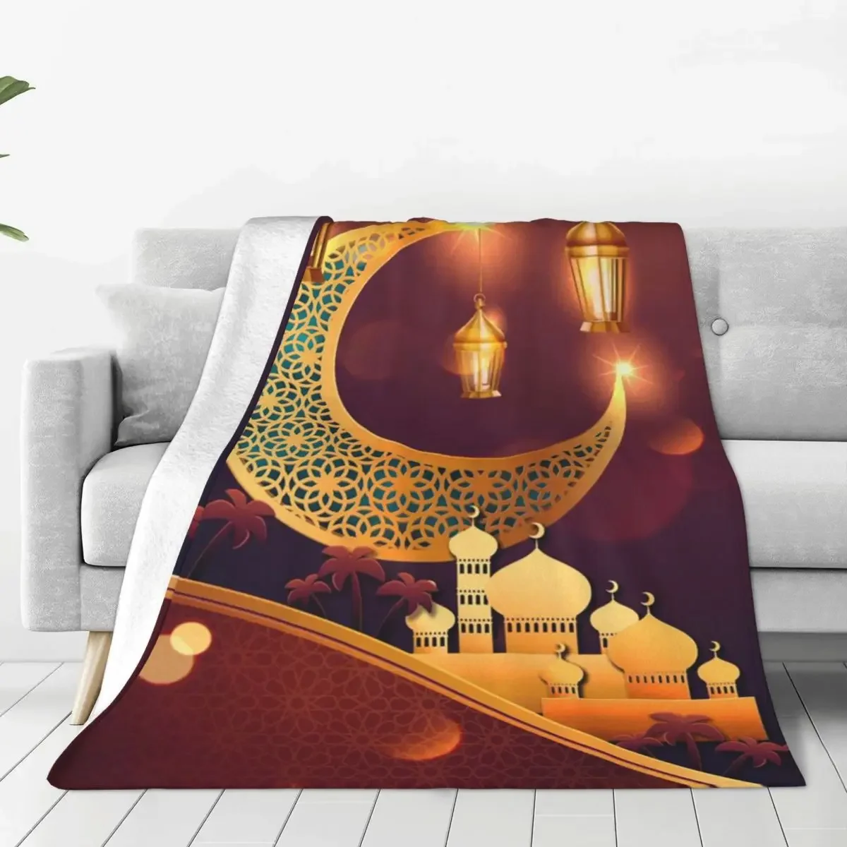 

Islamic Eid Mubarak Blanket Flannel Ramadan Kareem Lightweight Throw Blankets for Airplane Travel Bedspread