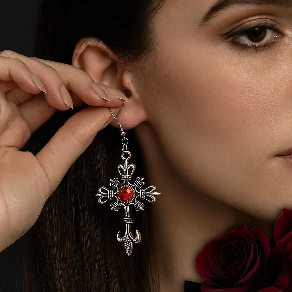 Ornate Gothic Cross Earrings Hip Hop Rock Cross Red Oil Drip Crystal Earrings Aesthetic Accessories Jewelry Gift