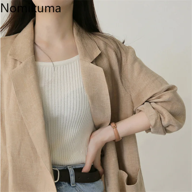 Nomikuma-Blazer en coton et lin pour femme, veste à manches longues, bouton unique, document solide, décontracté, tout match, nouveauté, 2022