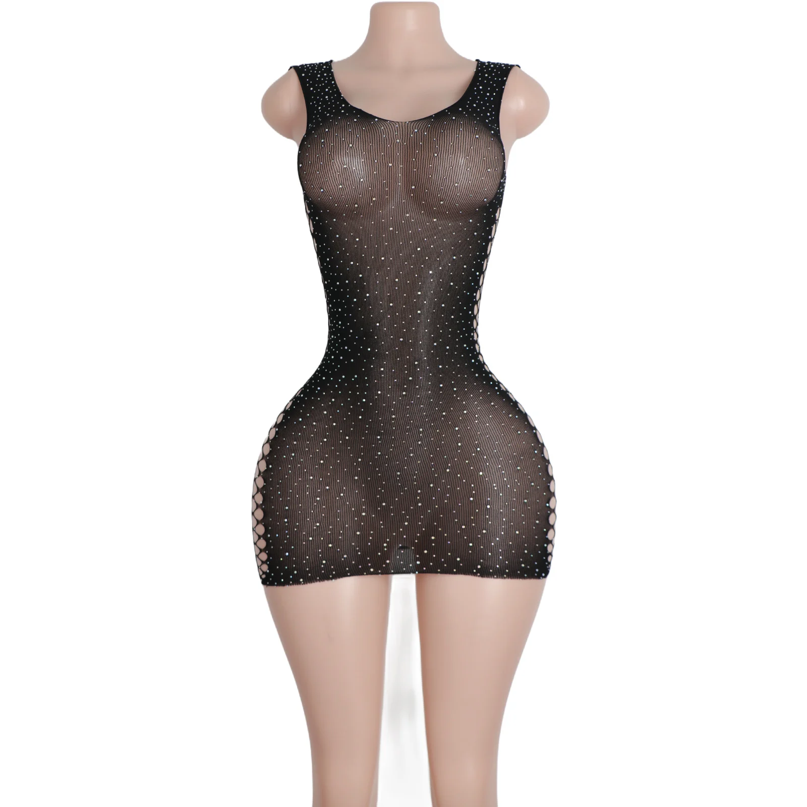 Exotic Halter One Piece Dress with Sparkling Crystal Accents Bodycon Fit Club Dancewear Trendy Performance Outfit for Women