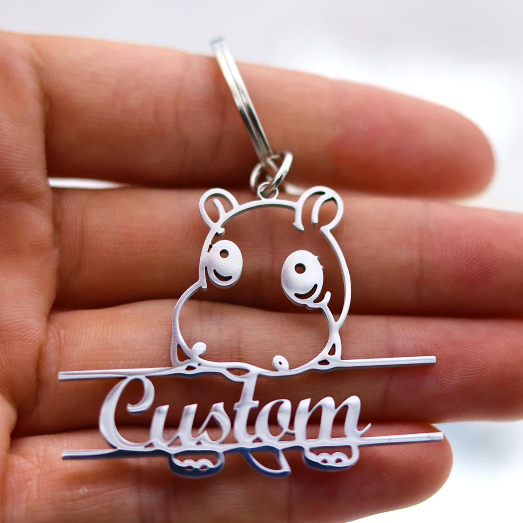 QIAMNI Custom Name Animal Hippo Keychains For Women Men Stainless Steel Pendant Key Chains Jewelry Handmade Nameplate Keyring