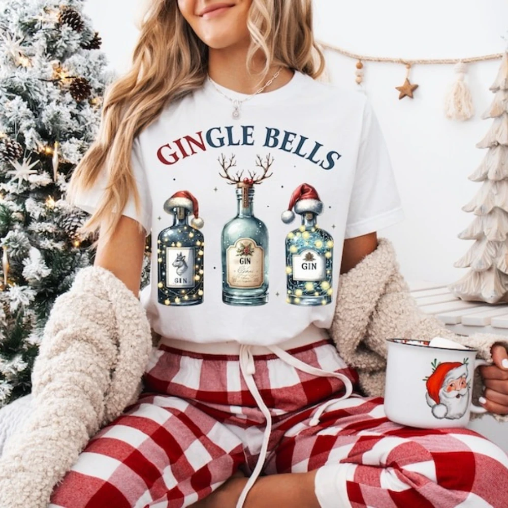 

Christmas Gingle Bells Sweatshirt Gin Lovers Gift Tshirt Humorous Chrimbo Tee Alcohol Christmas T-shirt Cocktail Women Tops