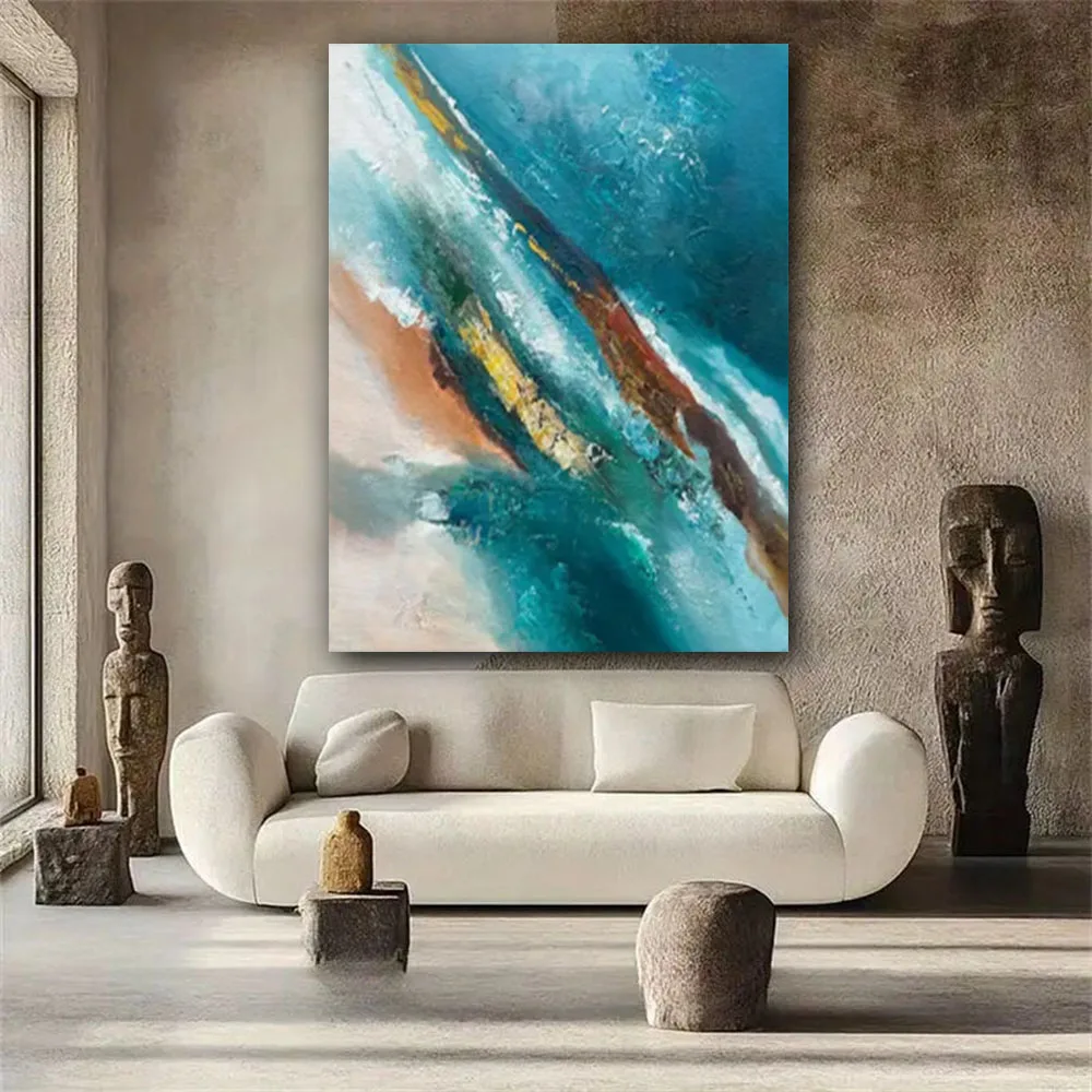 

Vertical Golden And Blue Lines Canvas Wall Art 100%hand-painted Oil Paintings Abstract Texture Canvas Painting Modern Home Decor