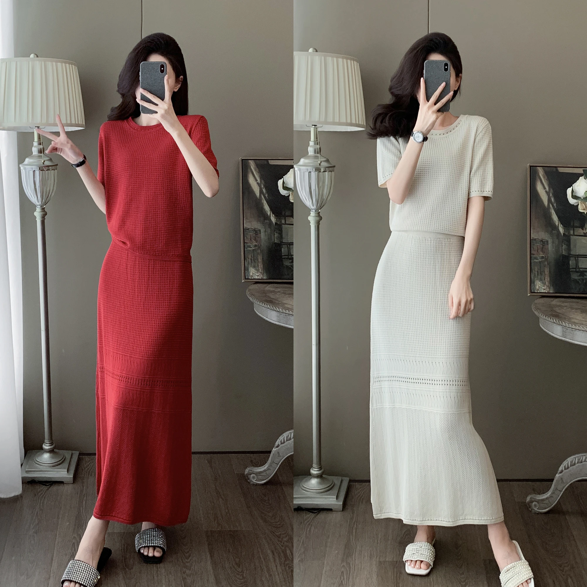 

Летний женский элегантный повседневный вязаный костюм с юбкой, топы на бретелях с короткими рукавами, сексуальный тонкий комплект из двух предметов, женская одежда