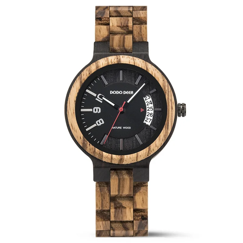 Women's Wooden Wristwatch with Mixed Color Calendar Quartz Analog Round Pin Buckle Fashion Watch