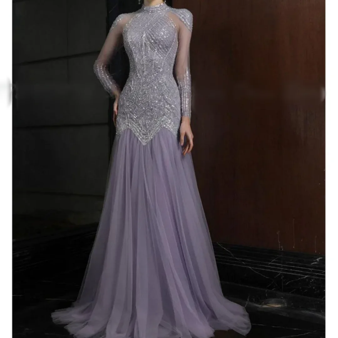 

Линия со шлейфом и блестками, блестящее женское платье с высоким воротом, женское платье с длинными рукавами длиной до пола, вечерние платья