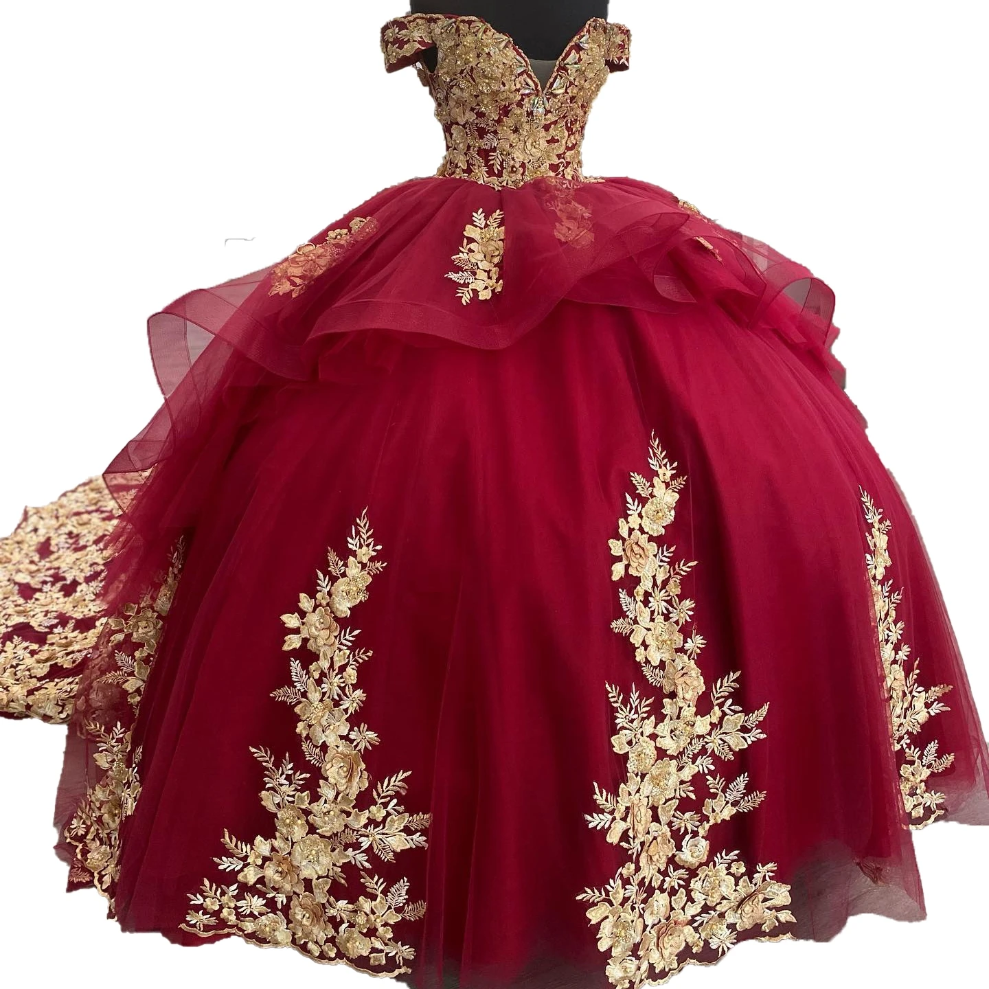 Rot/Gold Quince anera Kleid 2024 Spitze Applikationen Charro mexikanische Quitte süß 15/16 Geburtstags feier Kleid für 15. Mädchen Prom Vestido