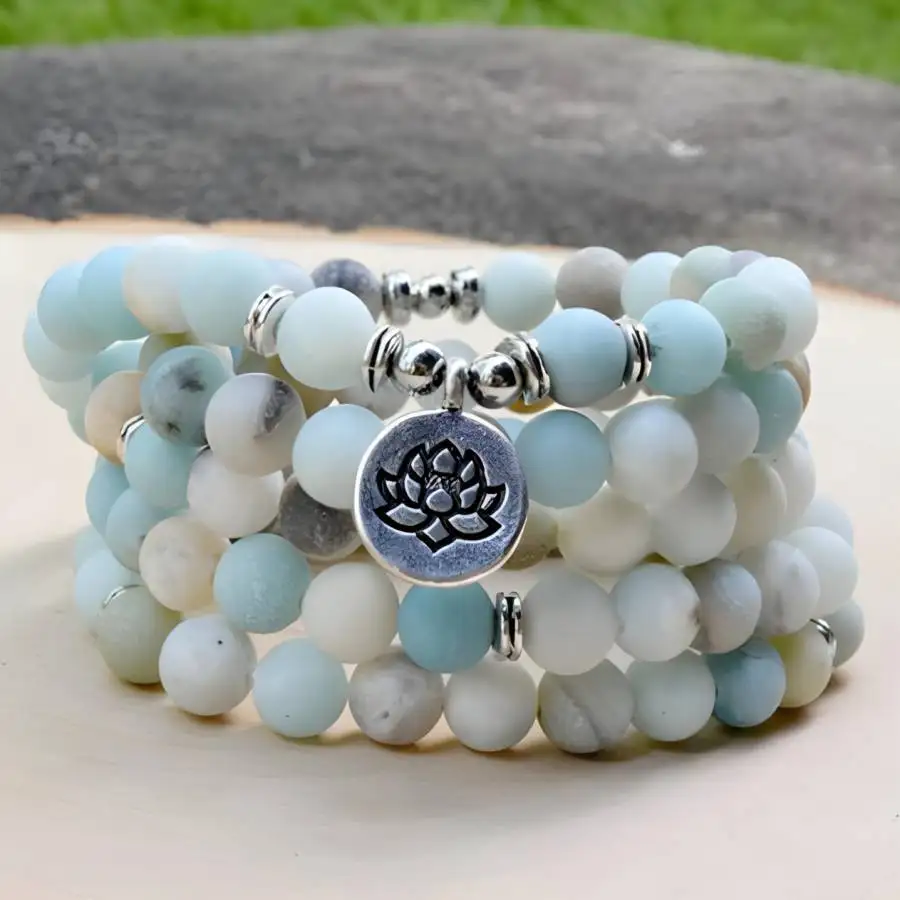 

8mm Amazonite Stone 108 Beads Tassel Necklace zazen Bohemian Nirvana Buddha Gemstone Yoga Jewelry Hand Bodhi Buddhist