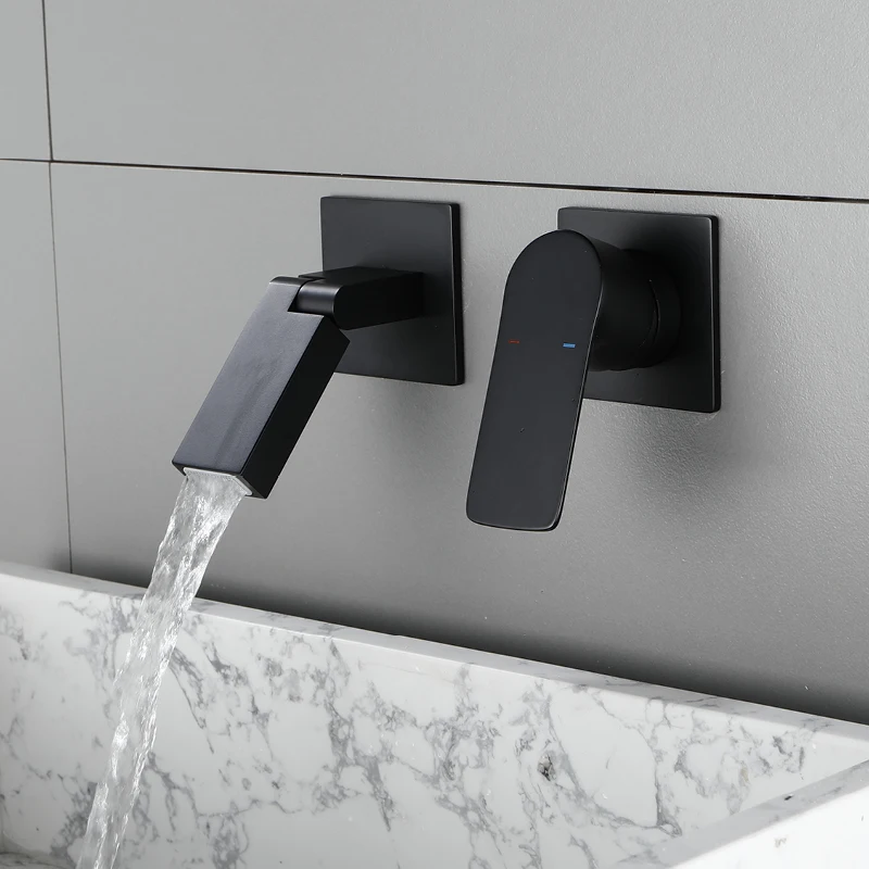 

LIKE Wall Mounted Sink Faucet Double Hole Single Handle Washbasin Faucet Bathroom Waterfall Faucet Matte Black