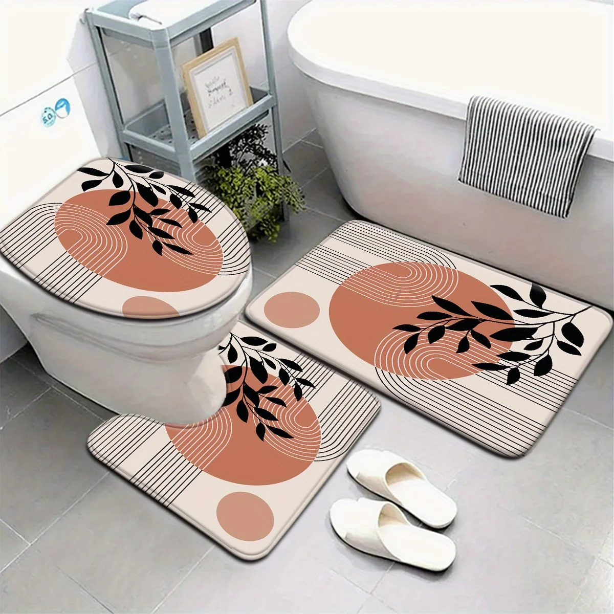 

3 шт., набор для ванной комнаты с рисунком листьев скандинавского апельсина, коврик для унитаза, противоскользящий коврик, U-образный коврик, подходящий для украшения ванной комнаты