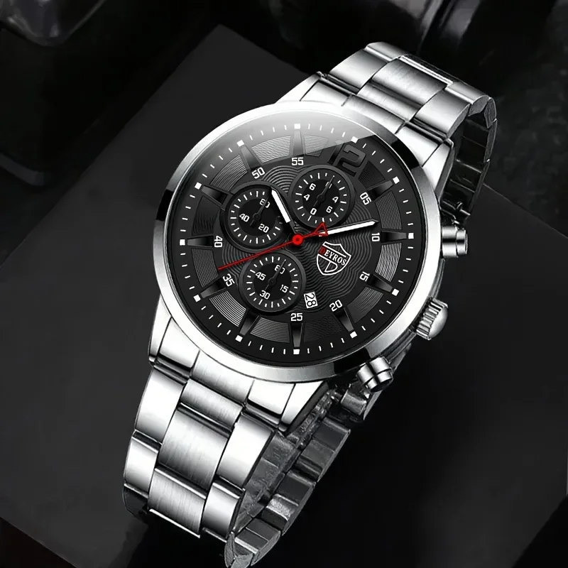 5 unids/set de reloj de moda para hombre, reloj de pulsera de cuarzo, collar de cadena cubana de Hip Hop, pulsera y anillo, accesorios de estilo empresarial