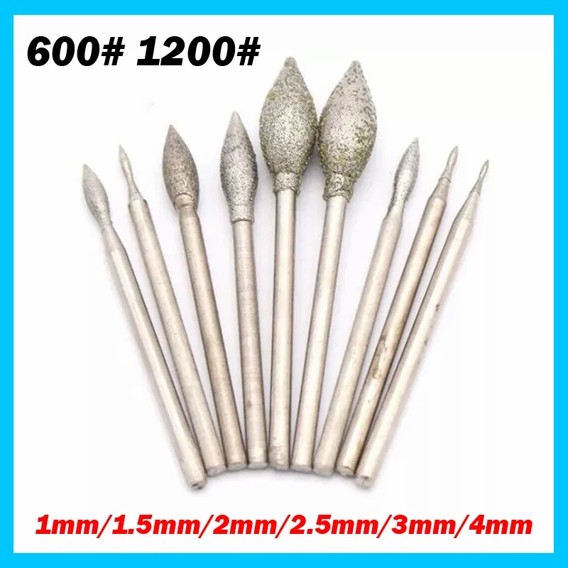 2Pcs 1/1.5/2/2.5/3/3/4mm Diamond Burr Drill Bit 2.35mm Shank 600 Grit 1200 Grit Engraving Rotary Tool