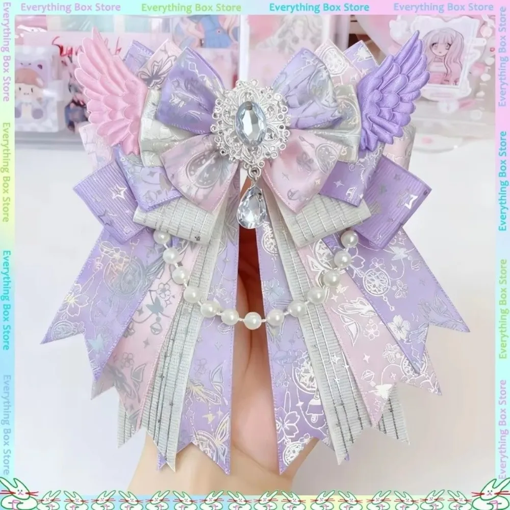 Double Layer Bow Brooch Bead Chain Handmade DIY Butterfly Knot Brooch Gemstone Pendant Angel Wings Brooch Cosplay Accessory