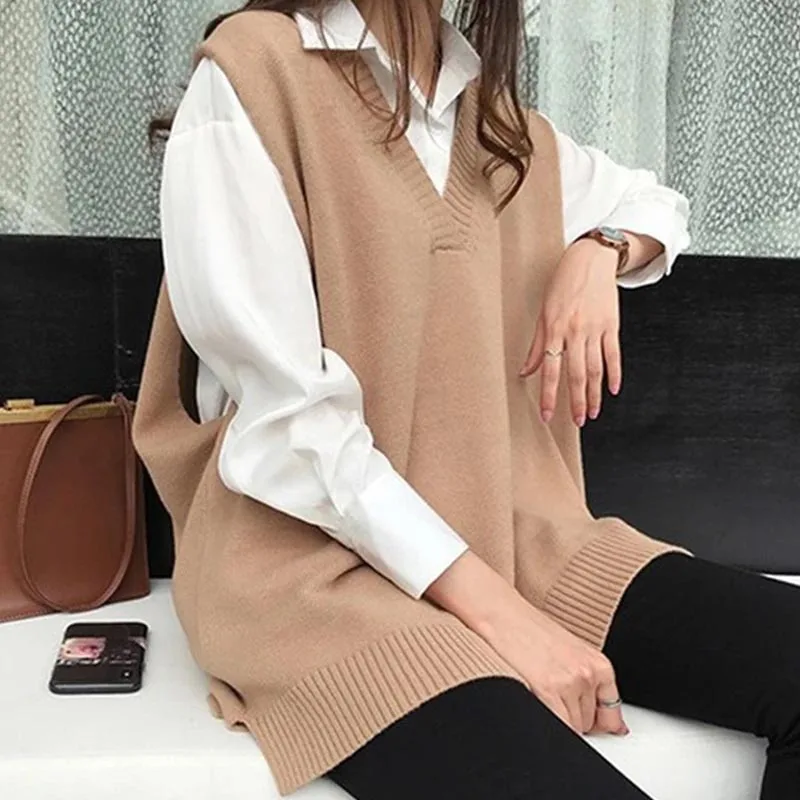 2024 Autumn Winter Knitted Casual Sleeveless V Neck Women Sweater Vest Solid Oversized Warm Pullover Loose Women Clothes 12239