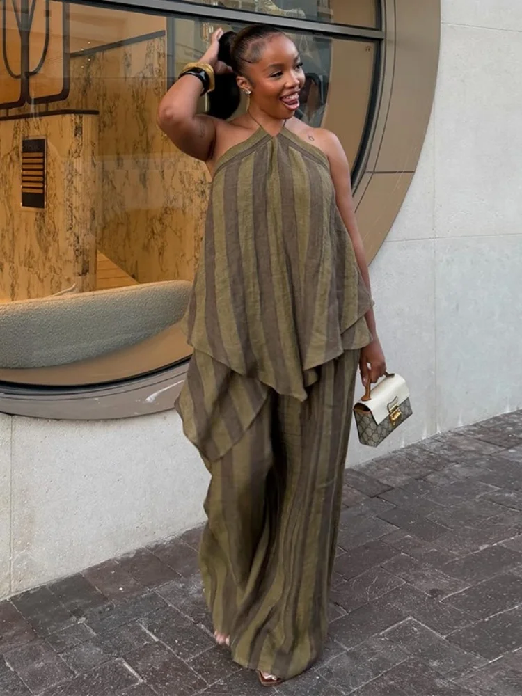 Wmstar two piece sets wholesale Summer new trendy neckless sleeveless irregular top and wide-leg pants set drop shopping view 3