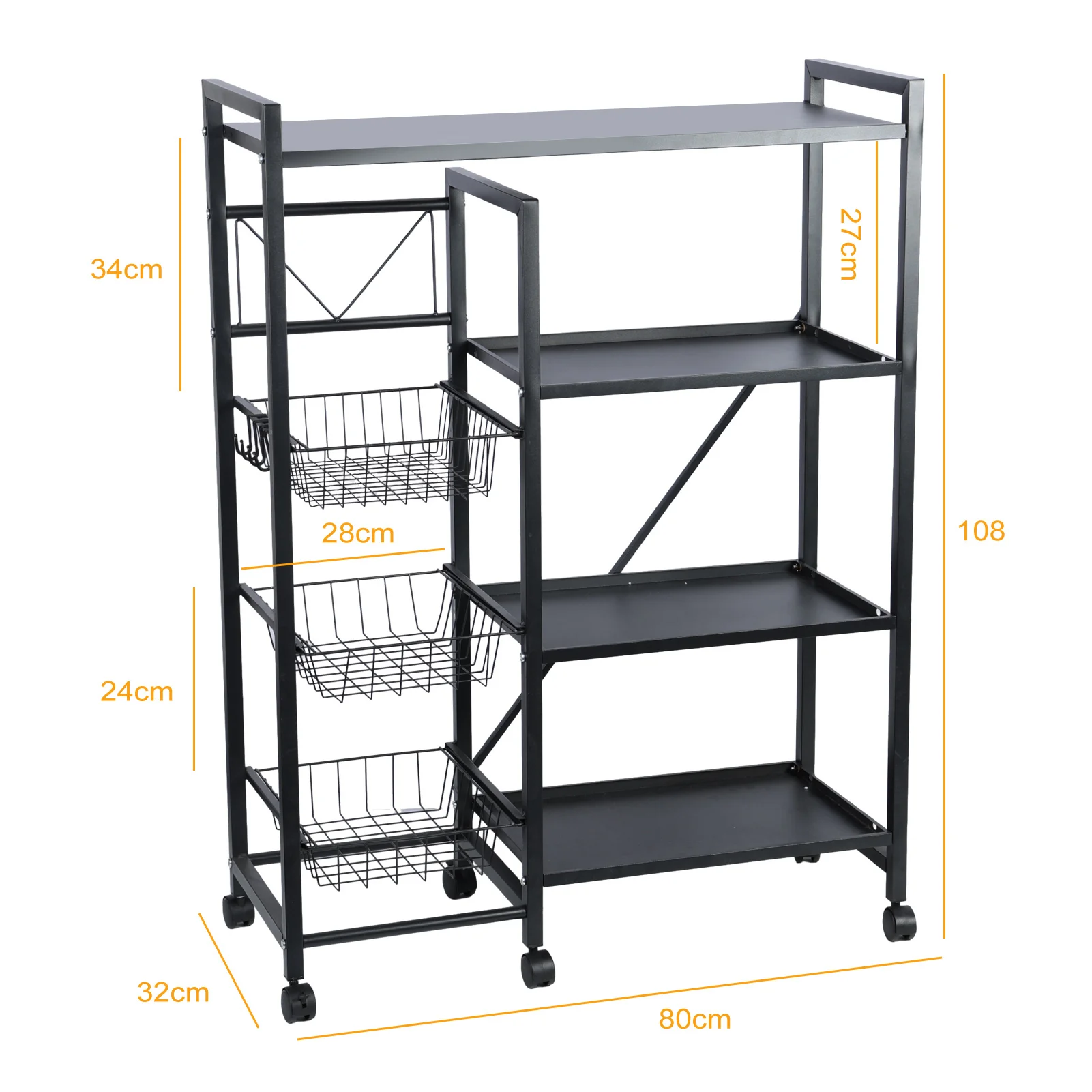 4 Tier Stackable Storage Basket with 360 Degree Wheels, Kitchen Baker Rack, Spice Rack Microwave Organizer Workstation