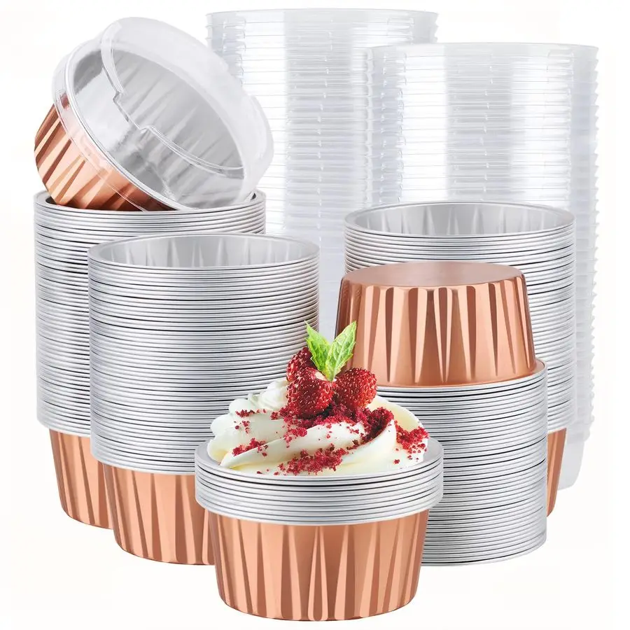 Moldes para hornear muffins, 200 unidades de moldes de aluminio de 5 oz para cupcakes con tapas, recipientes reutilizables para crème brûlée, pequeños recipientes para postres.