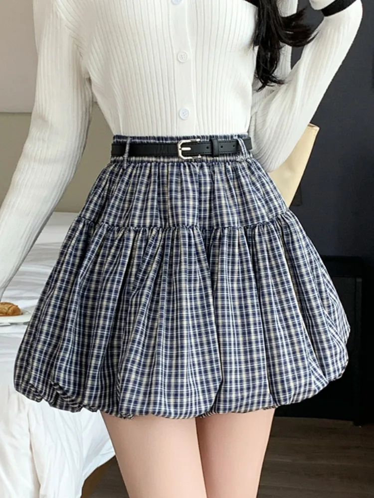 

Sweet Sister Plaid Flower Bud Short Skirt Women's Summer Korean Style Slimming Versatile Pleated Puffy A-Line Half-length Skirts