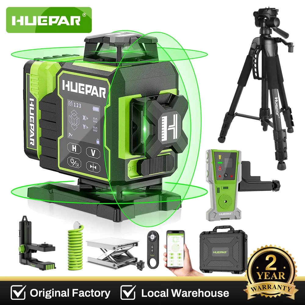 Huepar W04CG Laser Level Self Leveling 4x360° Bluetooth 4D Green Lazer Leveler Tool with Electric Rotating Base Large LCD Screen