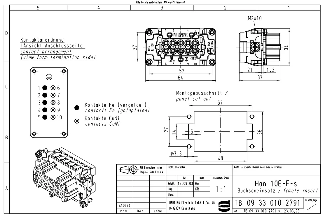 09330102791 HARTING 16A10-pin female ferrule bolt connection 1... 2.5mm²