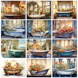 CHENISTORY Full Square Diamond Embroidery Flower bathtub Diamond Painting Mosaic Handicraft Pictures Home Decoration