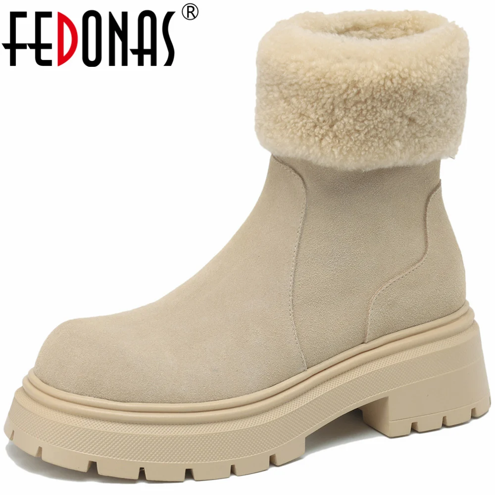 

FEDONAS Cow Suede Leather Women Ankle Boots Winter Thick Plush Shoes Woman Round Toe Platforms Back Zipper Working Casual Warm