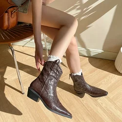 Pointed Toe Women Western Cowgirl Boots Fashion Slip On Chelsea Booties Retro Style Autumn Female Thick Heel Shoes