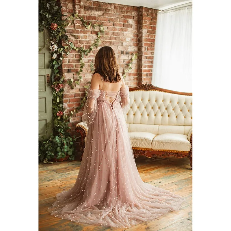 Sweet Pink Peals Tulle Maternity Dresses for Babyshower Off Shoulder Delicate Pregnant Evening Gown Long Sleeve Sweep Train Robe