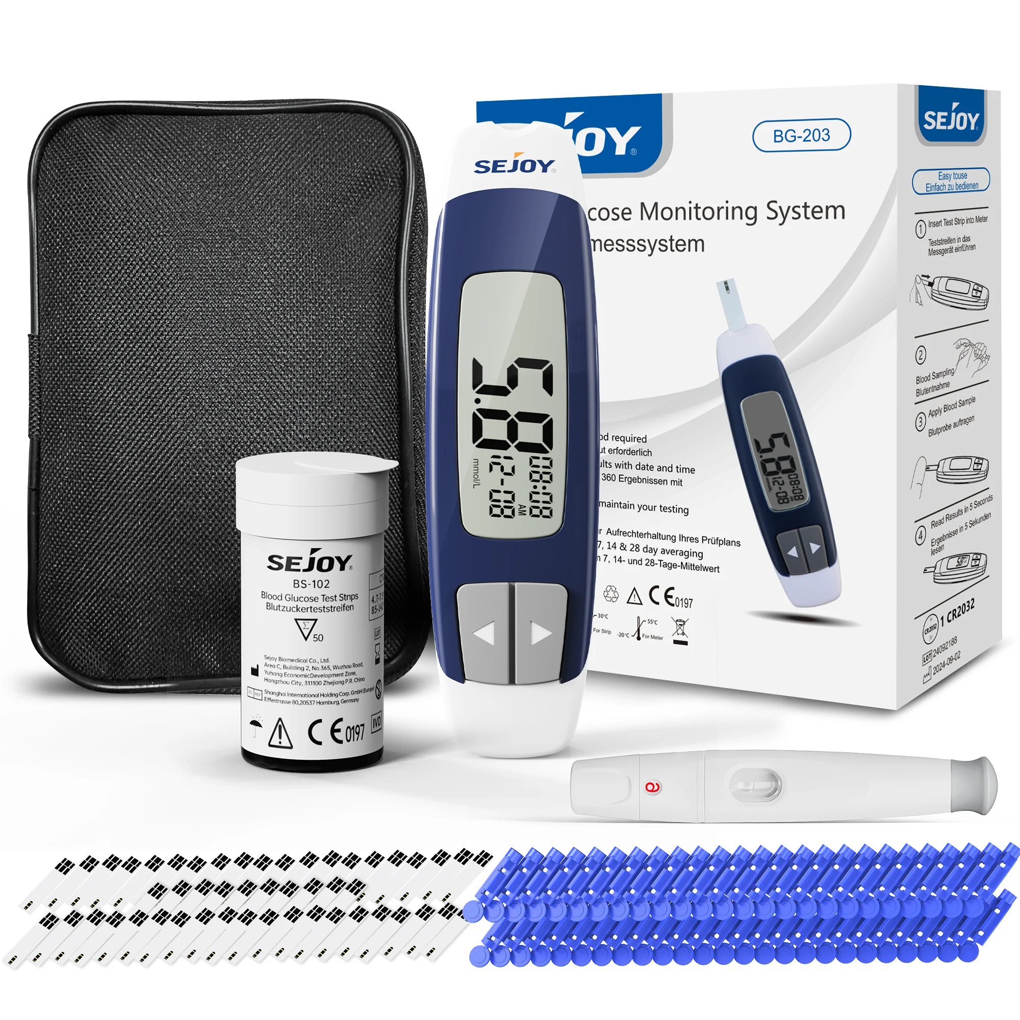 Sejoy BG-203 Blutzuckermessgerät-Set, 50 Stück Teststreifen, Lanzetten für Diabetes-Monitor, digitales Blutzuckermessgerät, Teststreifen werden separat verkauft