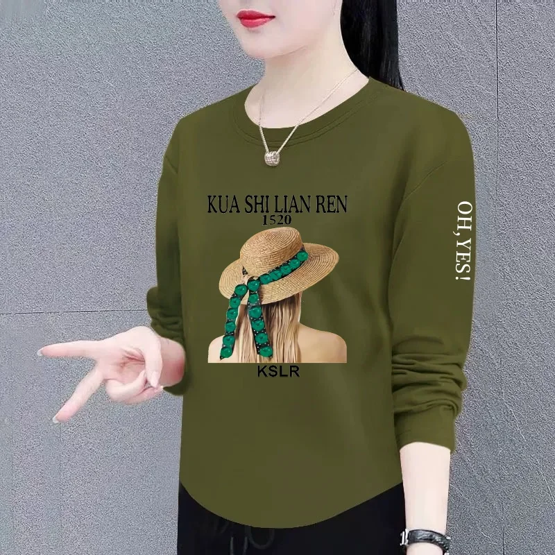 Long Sleeve T-Shirt Women's Base Shirt Inner Wear Top for Middle-Aged And Elderly Polyester Fiber round Neck Commute Style