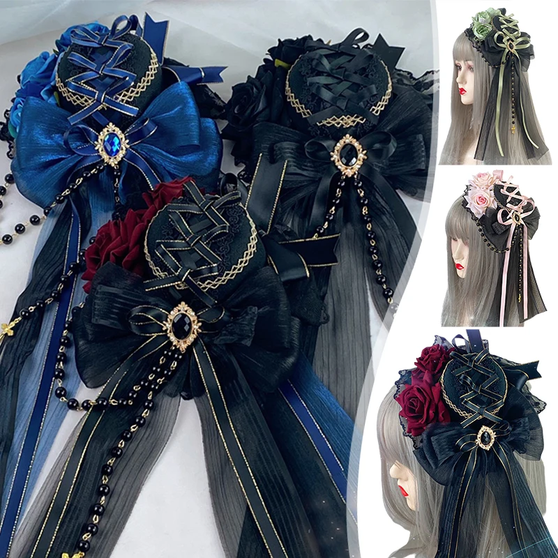 Lolita hoofdtooi gotische donkere elegante platte hoed strik kleine hoed met kralenketting anime meid cosplay hoofdband haaraccessoires