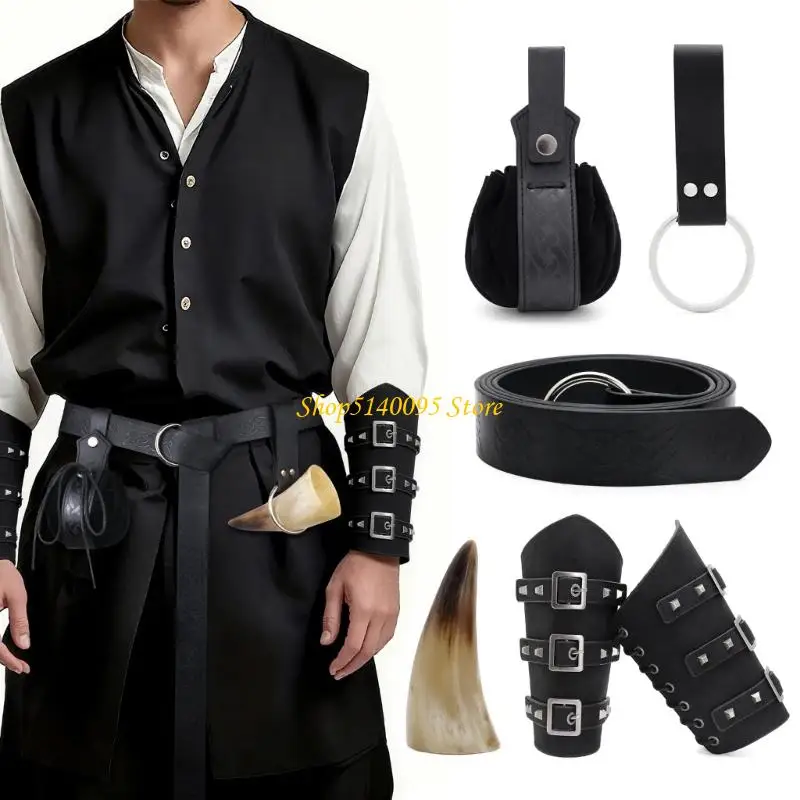 DXAE Hommes Renaissances Costume Halloween Ceinture Pirate Médiévale Corne À Boire Vikinges Costume Accessoires Ensemble pour