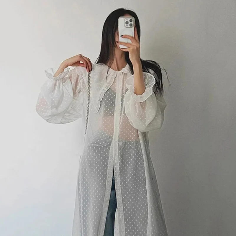 2025 Summer New See Through Mesh Long Shirts Women Korean Chic Peter Pan Collar Chiffon Blouse Fashion Street Sunscreen Shirt