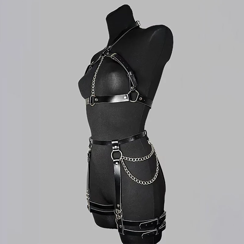 Gothic Punk Women Leather Body Harness Adjustable Chain Garter Harness Belt Ins Fashion Club Party Body Strap For Ladies