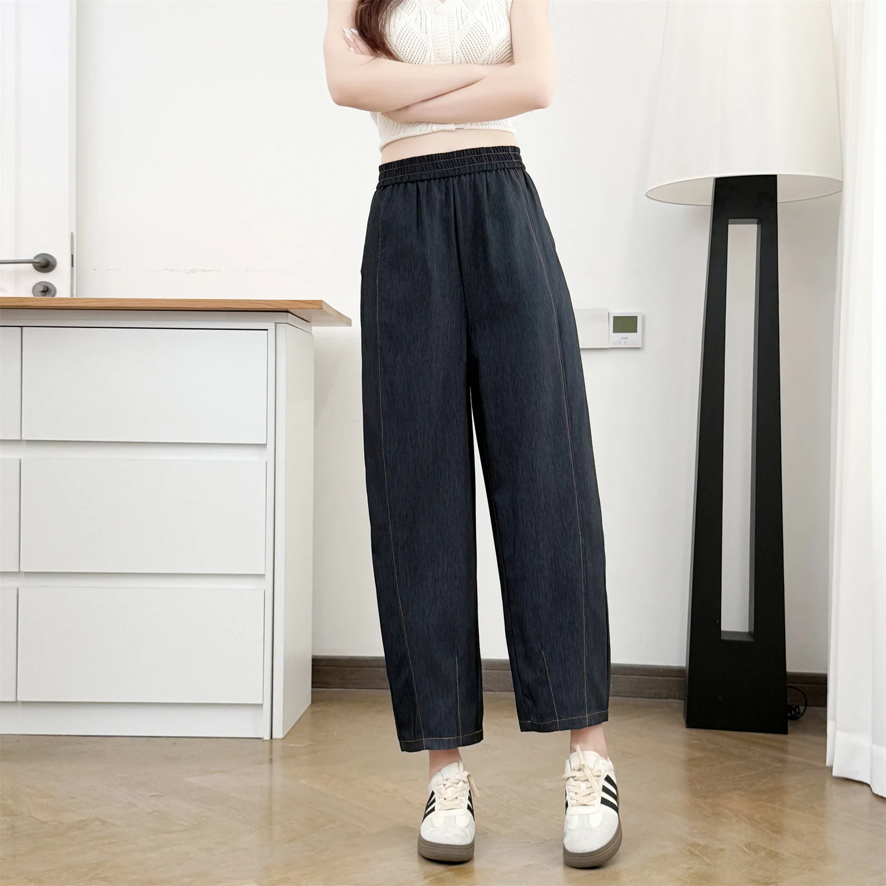 2026 Summer Plus Size Elastic Waist Denim Balloon Pants Stitch Detail Slimming Ankle Length Trousers For Curvy Ladies 9829 view 5