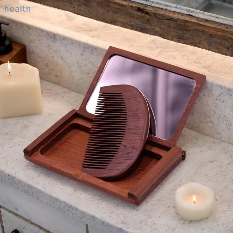 Set di specchi a pettine in legno 2 in 1, mini specchio pieghevole portatile vintage, specchio per trucco in legno di sandalo rosso, decorazioni per la casa e il viaggio