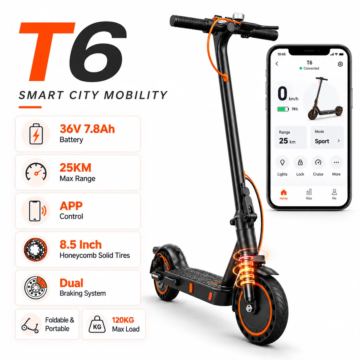 TODIMART T6 Faltbarer E-Scooter für Erwachsene 24,9KM/H Vordere Federung Smart APP 36V 7,8Ah Akku 25KM Reichweite 8,5 Zoll Wabenreifen Doppelbremse City Elektroroller