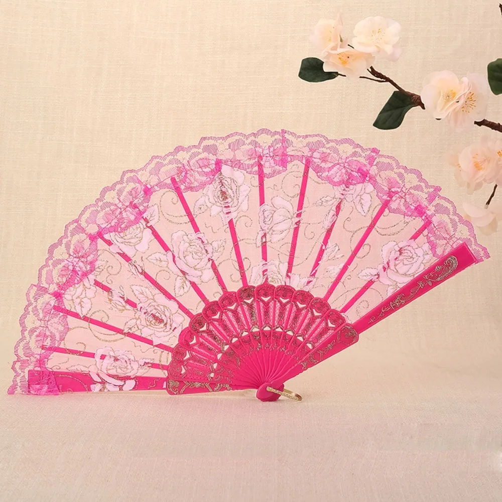Home Decoration Handheld Ladies Lace Hand Fan Plastic Handle Translucent Folding Fan Rose Pattern Dance Fan Summer
